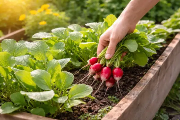Frische Radieschen werden aus dem Beet geerntet. Die grünen Blätter und roten Knollen sind ein Zeichen für erfolgreiche Radieschen pflanzen.